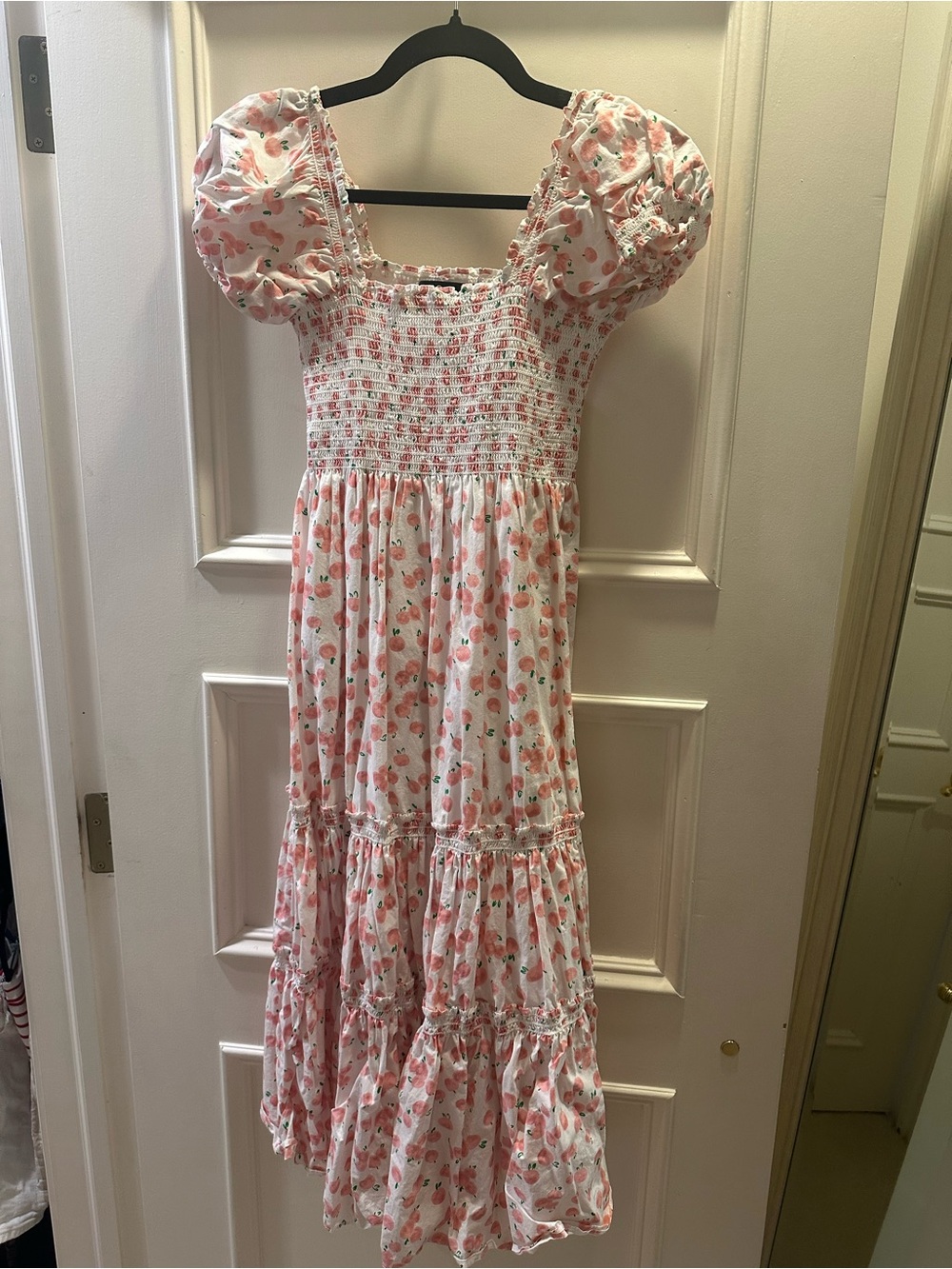 Smocked Puff-Sleeve Midi Dress in Pink Strawberry Print